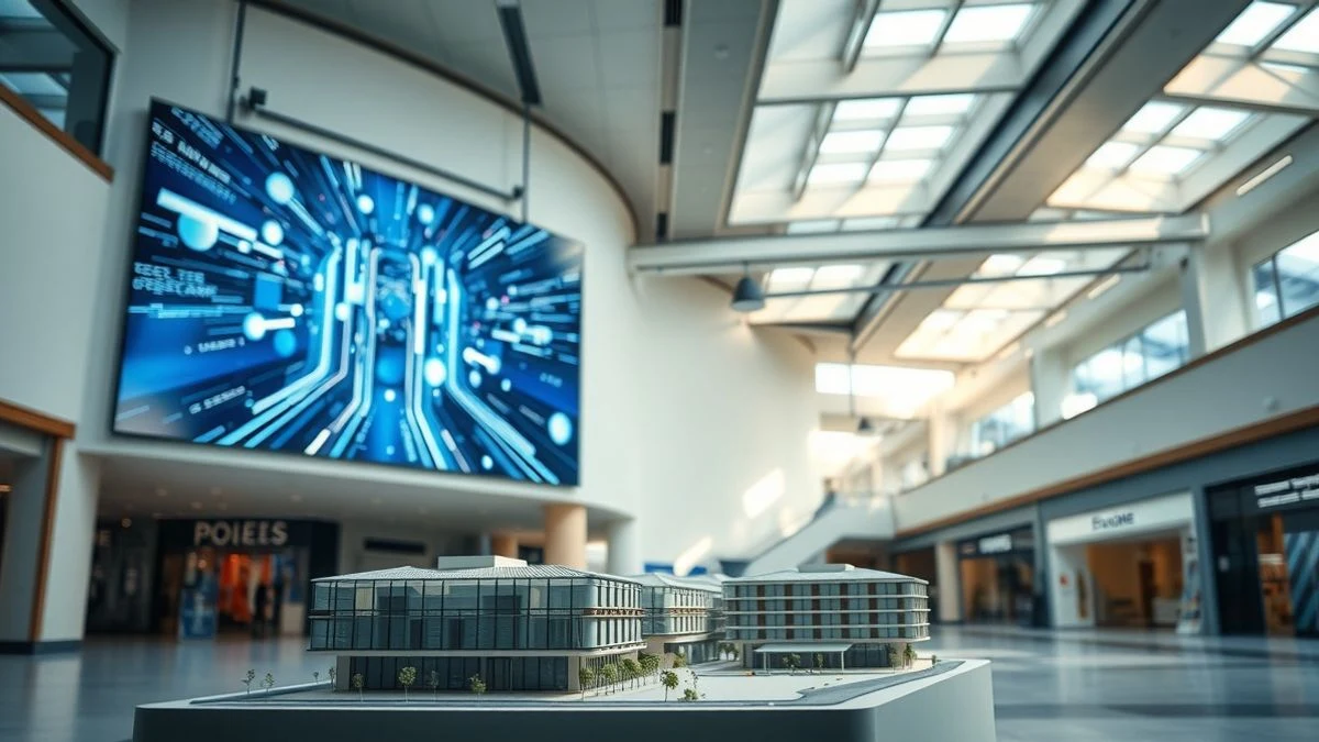 Interior de un centro comercial moderno con luz natural y una pantalla digital con gráficos abstractos, y una maqueta de edificio con elementos verdes en primer plano.