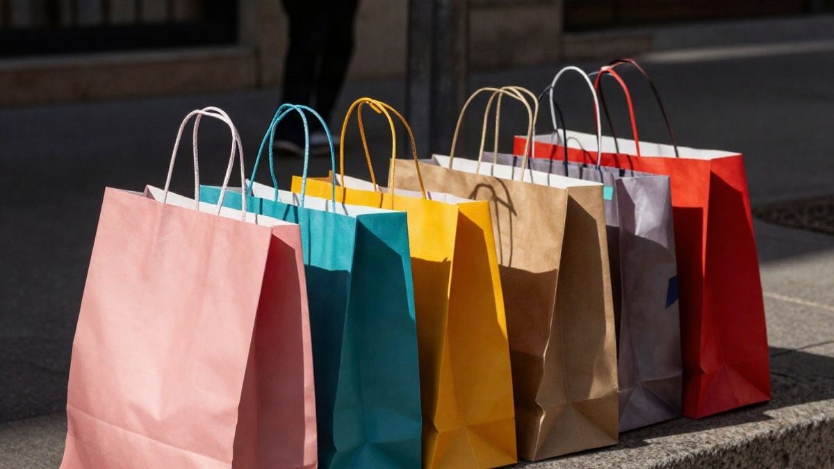 Imagen ilustrativa: bolsas de compra de colores sobre una calle soleada