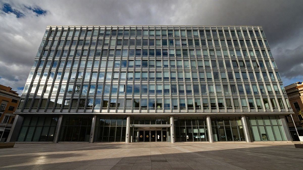 Imagen ilustrativa: ángulo bajo de la fachada acristalada de un edificio de oficinas bancarias con cielo nublado de fondo.