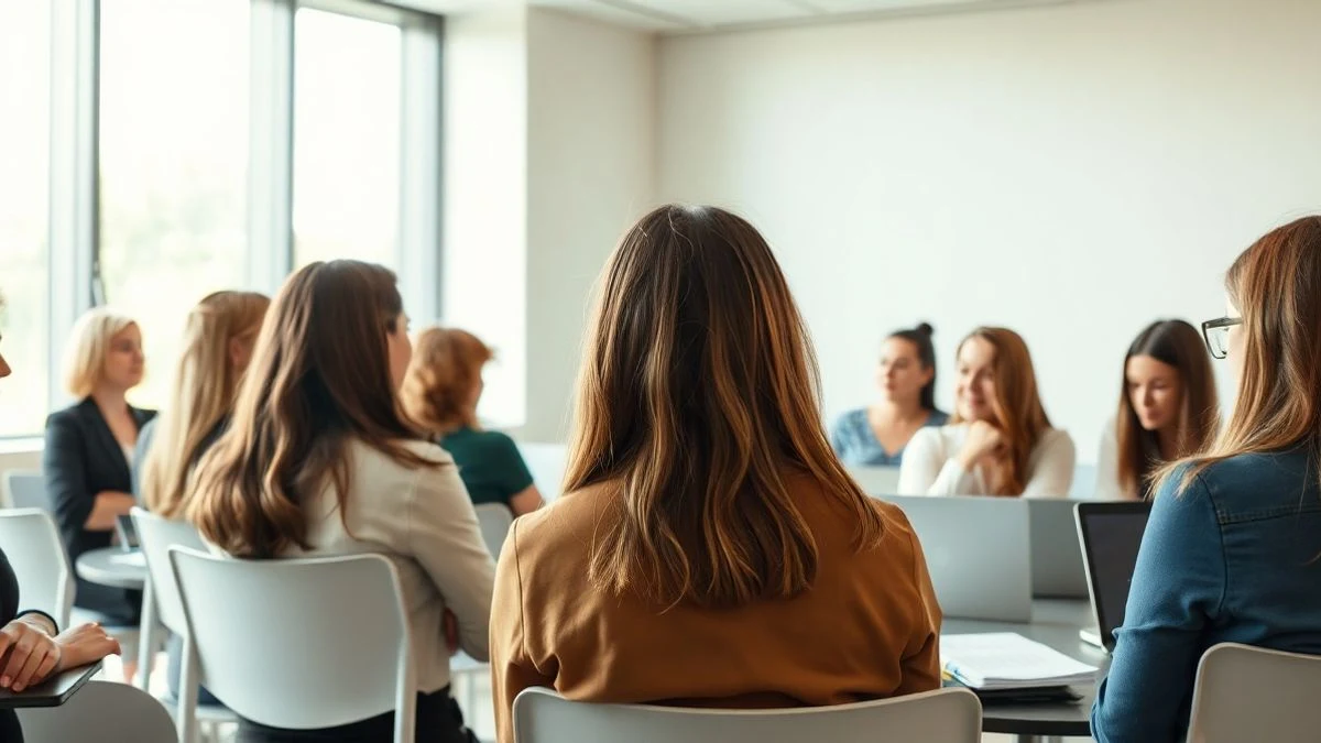 Imagen ilustrativa: grupo de mujeres de espaldas en una sala de formación moderna, con ordenadores y libretas, luz natural.