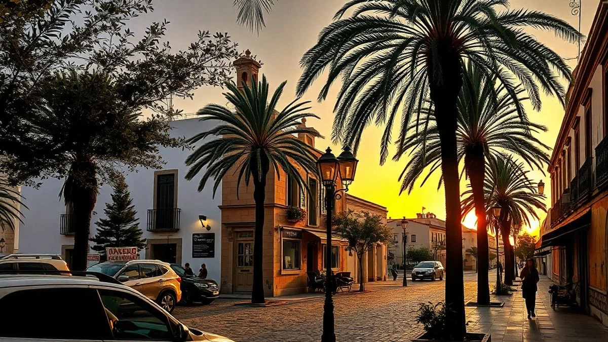 Imagen ilustrativa: plaza de un pueblo andaluz al atardecer con una persona caminando de lejos