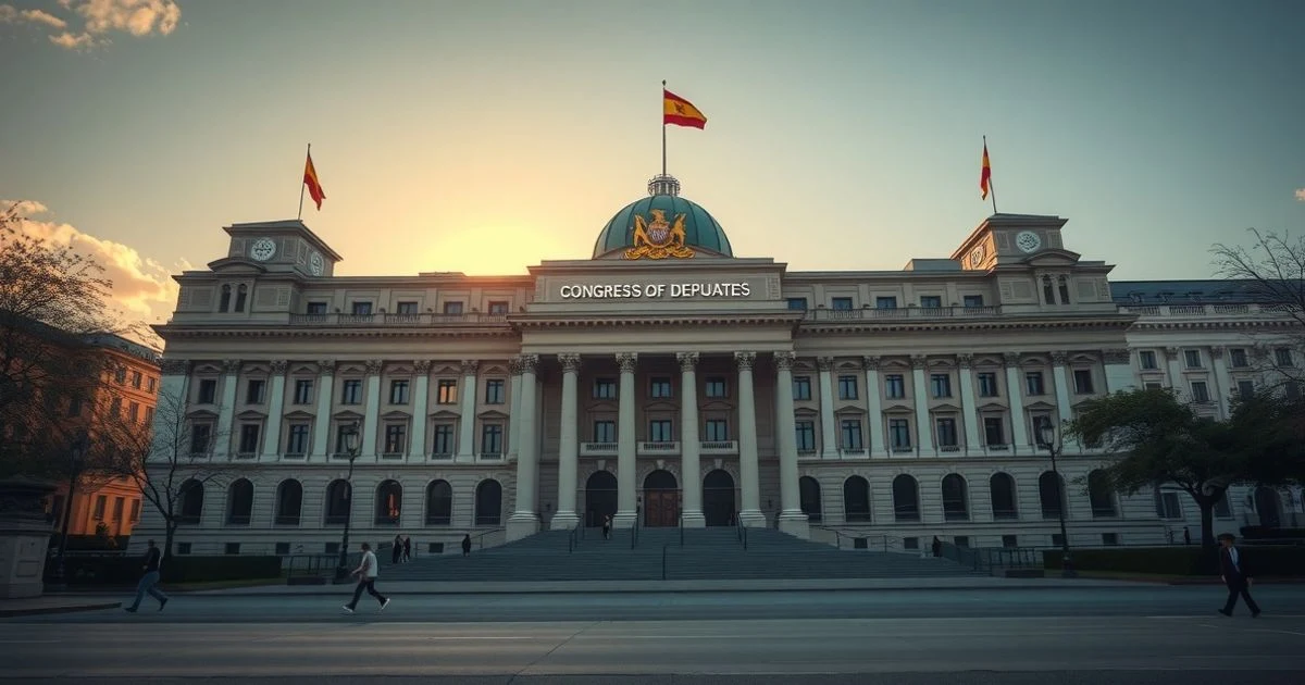 Fachada del Congreso de los Diputados en Madrid al atardecer, con luz dramática y profundidad de campo.