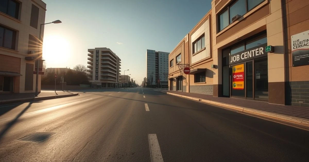 Calle vacía de Leganés con un cartel de oficina de empleo a la entrada de un edificio moderno