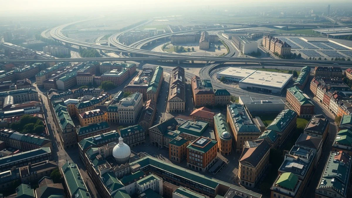 Imagen ilustrativa: vista aérea cenital de una ciudad europea densa con tejados verdes y calles estrechas, en contraste con una ciudad estadounidense extensa con autopistas y aparcamientos