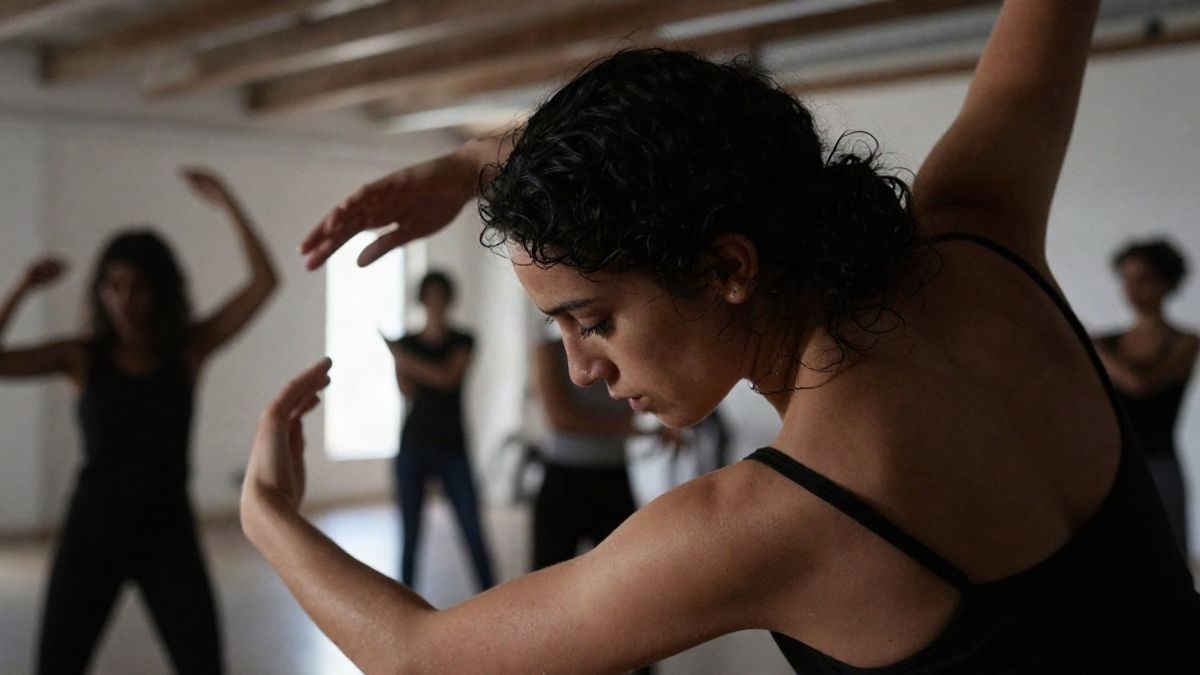 Illustrative image: dance installation in an artistic space, with dramatic lighting highlighting movement and emotion