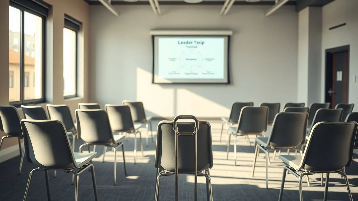 Aula de formación vacía con sillas en semicírculo y pantalla de proyector con diagrama de liderazgo