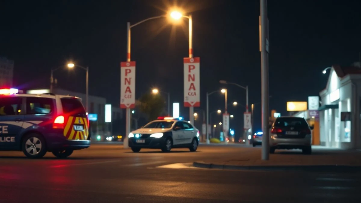 Imagen ilustrativa: un coche de policía vacío aparcado bajo una farola en una calle nocturna con luz artificial.