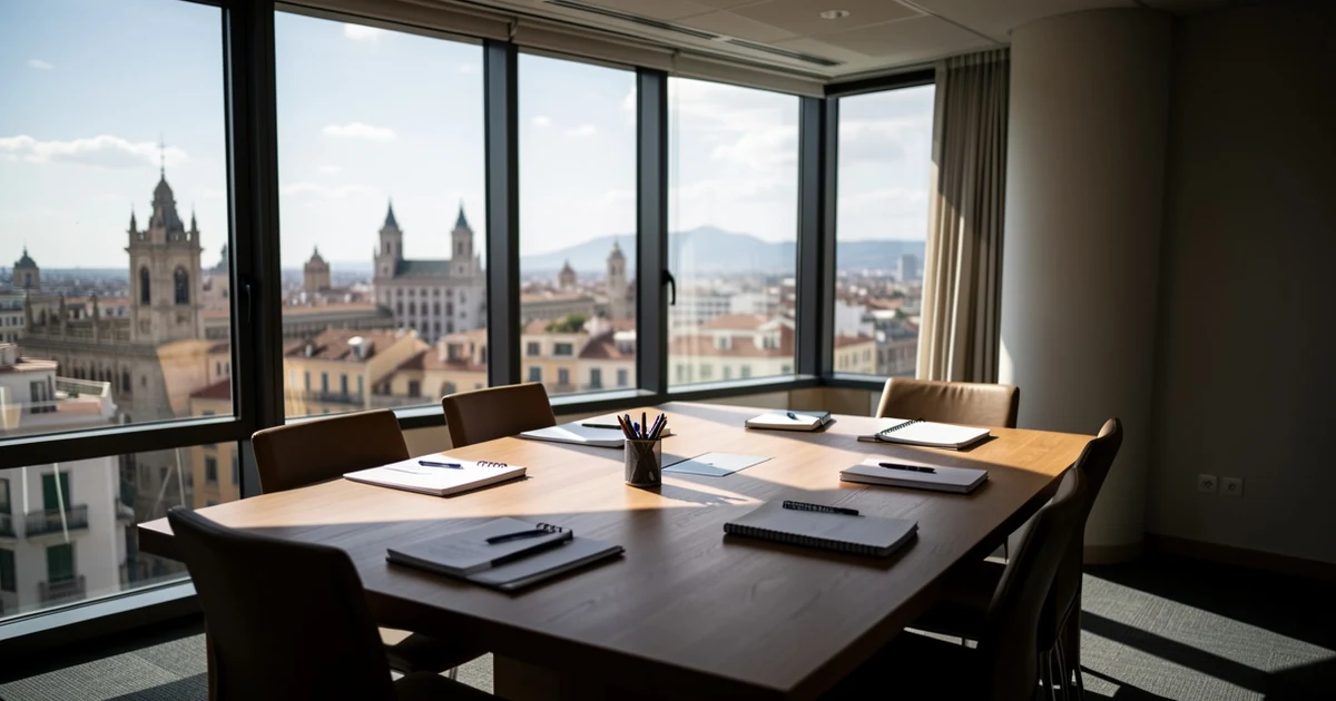 Sala de reuniones vacía con mesa de madera, libretas y ventana con vistas a la ciudad