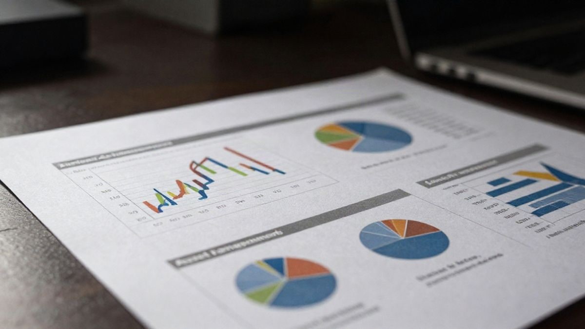 Illustrative image: scene of an office with a financial report and graphs on a table, representing asset management and investment.