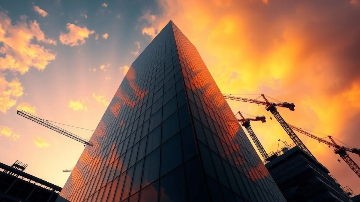 Imagen ilustrativa: un rascacielos de cristal visto desde un ángulo bajo al atardecer, con grúas de construcción al fondo