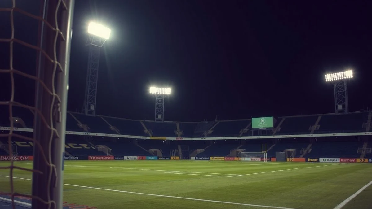 Estadio de fútbol vacío de noche iluminado por focos artificiales, con una portería en primer plano