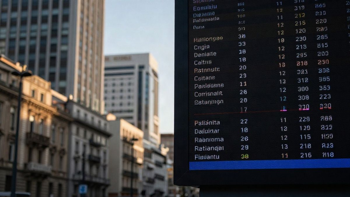Imagen ilustrativa: vista de un distrito financiero en Europa, con un enfoque en una pantalla de cotización del mercado de valores.