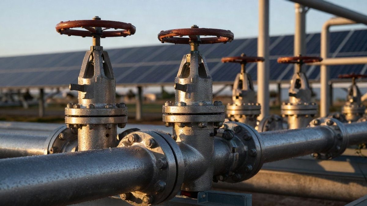 Illustrative image: detail of pipes and metal valves in a construction industrial plant