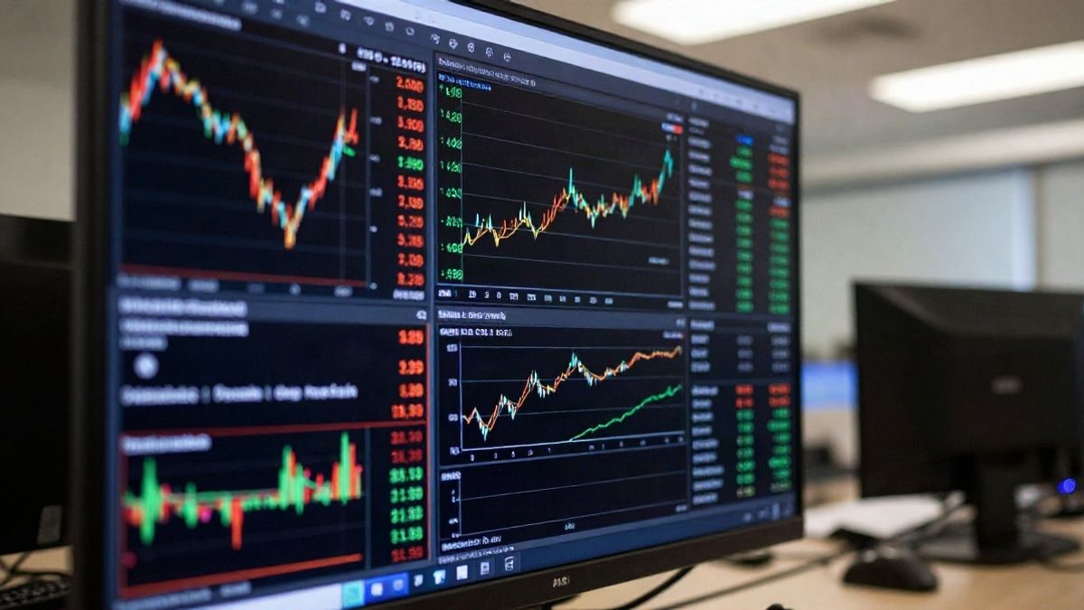 Imagen ilustrativa: escena de una sala de operaciones bursátiles con gráficos y pantallas mostrando datos financieros.