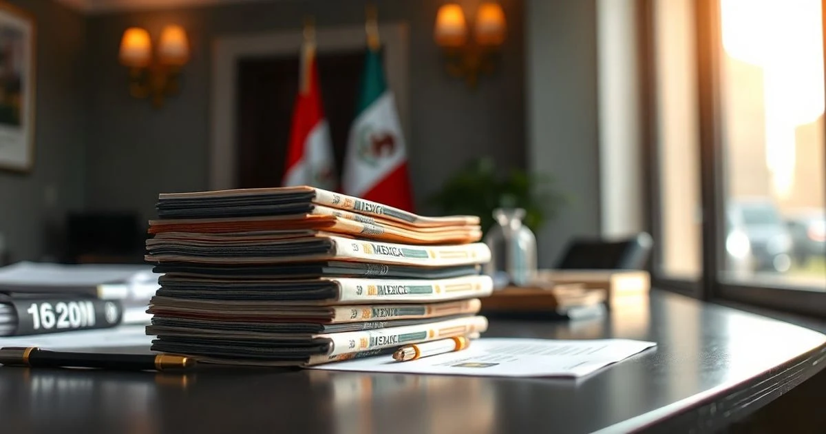 Bonos del gobierno mexicano Bondes F sobre un escritorio, fondo de oficina bancaria desenfocado.