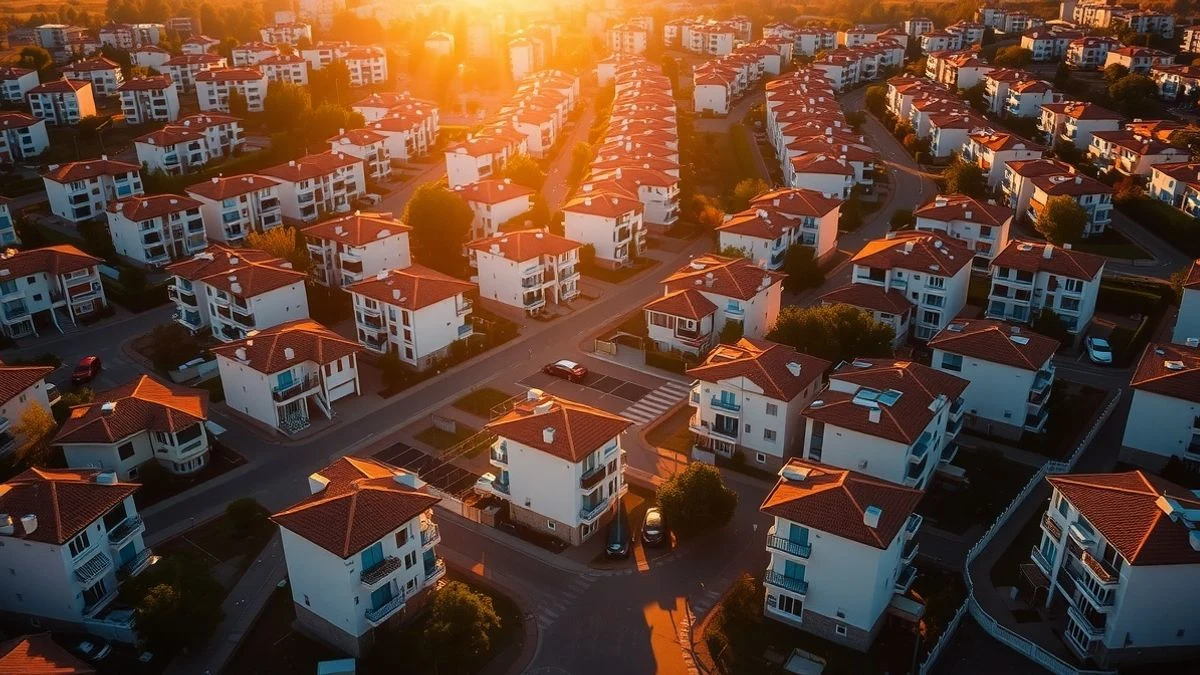 Vista aérea de un barrio residencial español con edificios de pisos y casas unifamiliares al atardecer