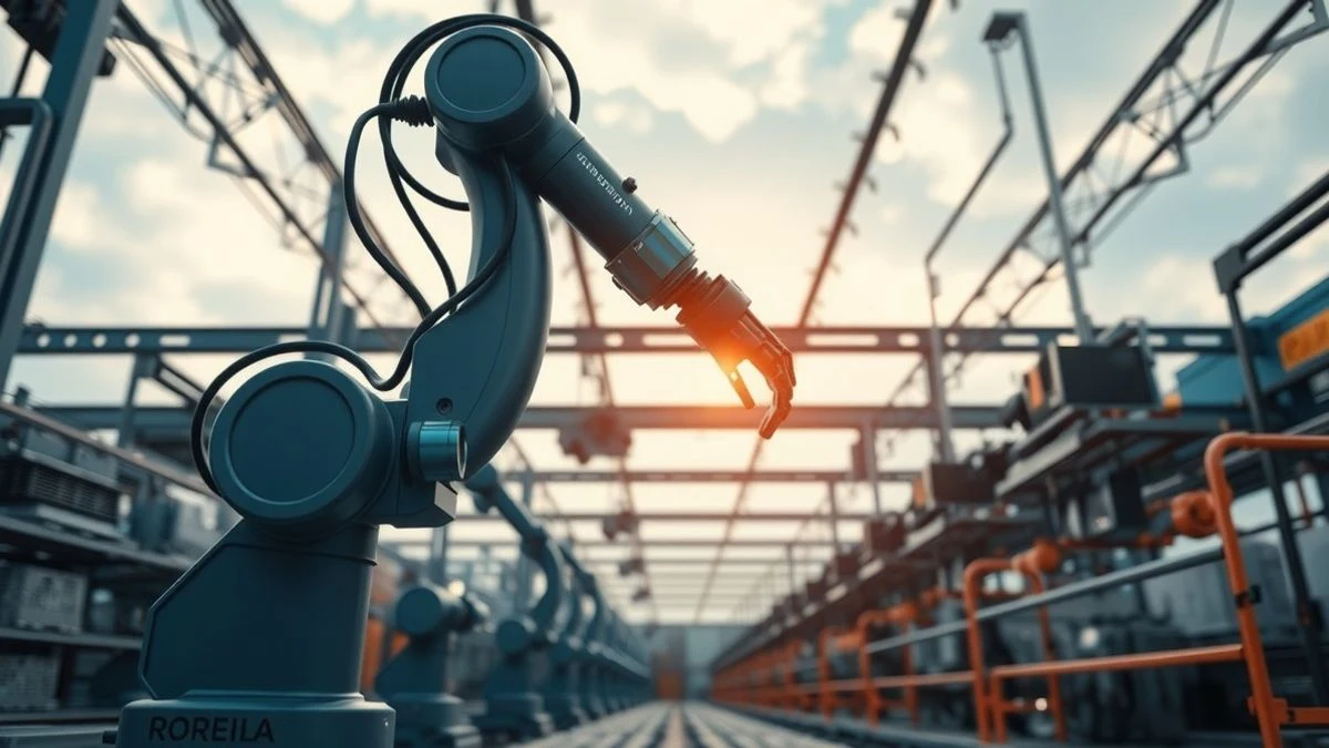 Imagen ilustrativa: brazo robótico en una línea de ensamblaje industrial moderna, con luces de colores y cielo de fondo.