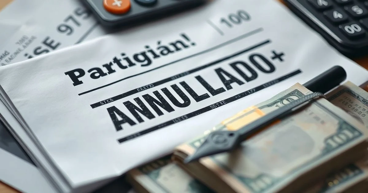 Documento con sello de anulado sobre un montón de billetes en una mesa con calculadora