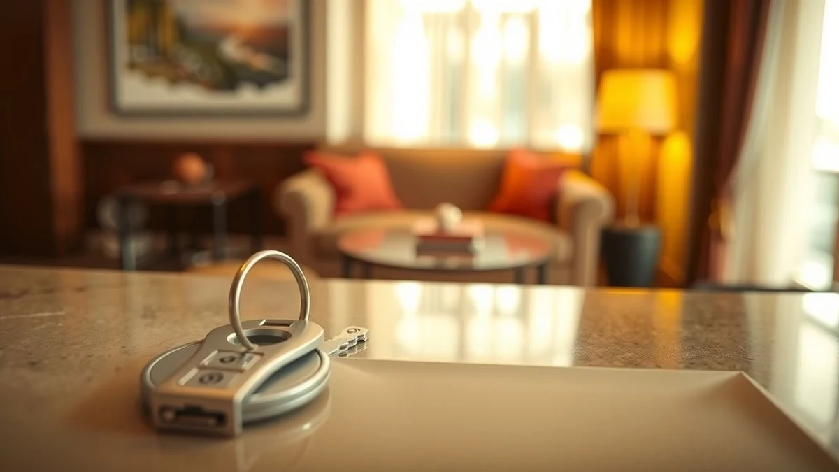 Imagen ilustrativa: una llave de hotel sobre un mostrador de recepción, con un lobby acogedor al fondo desenfocado.