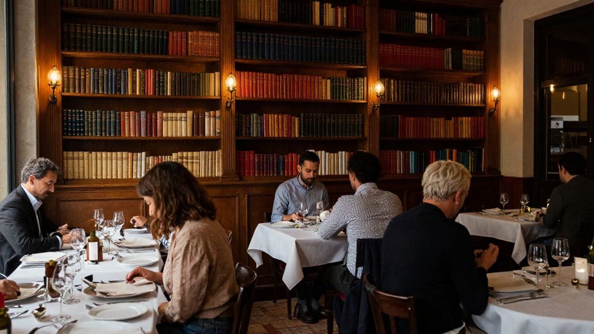 Imagen ilustrativa: interior acogedor de un restaurante elegante con estanterías de libros vintage y mesas finamente dispuestas.