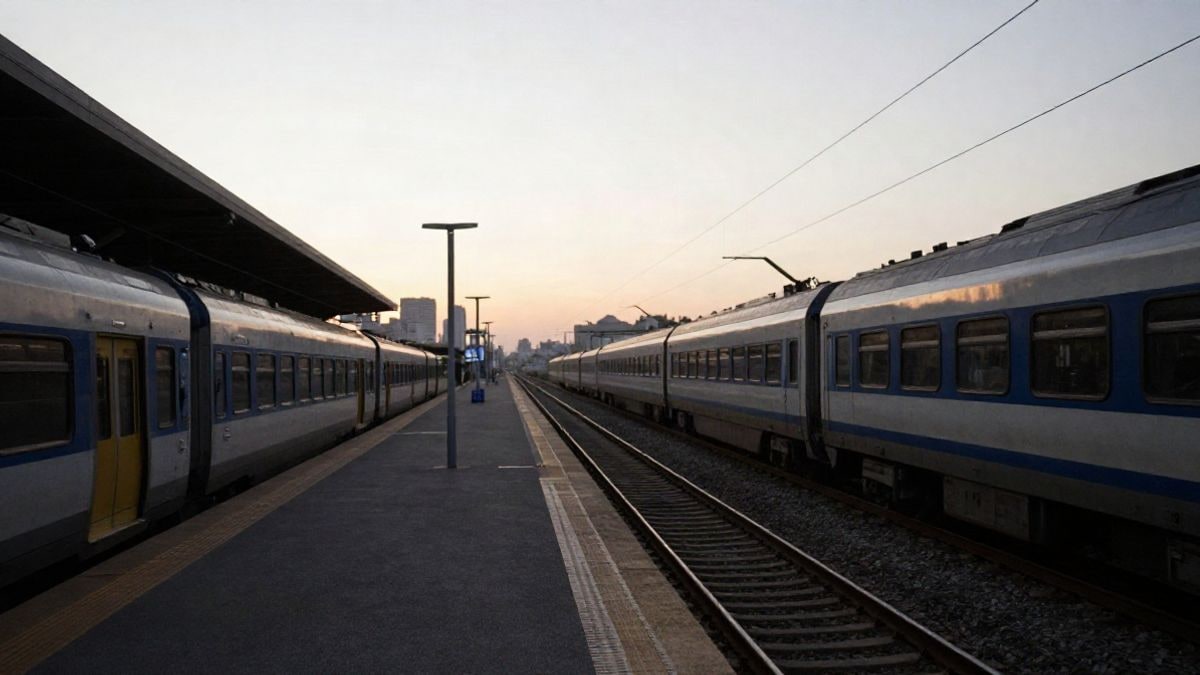 Illustrative image: empty train platform at dawn with tracks converging towards the horizon