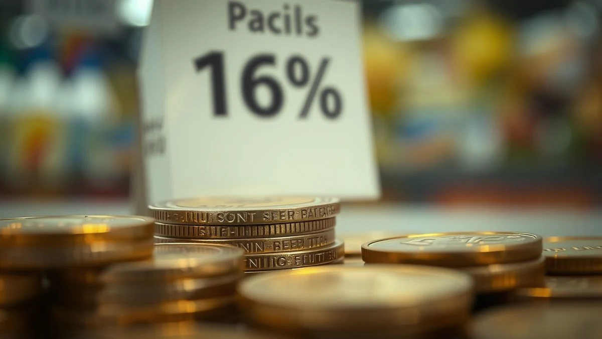 Montón de monedas de euro derritiéndose o evaporándose, con un cartel de precios de supermercado desenfocado al fondo