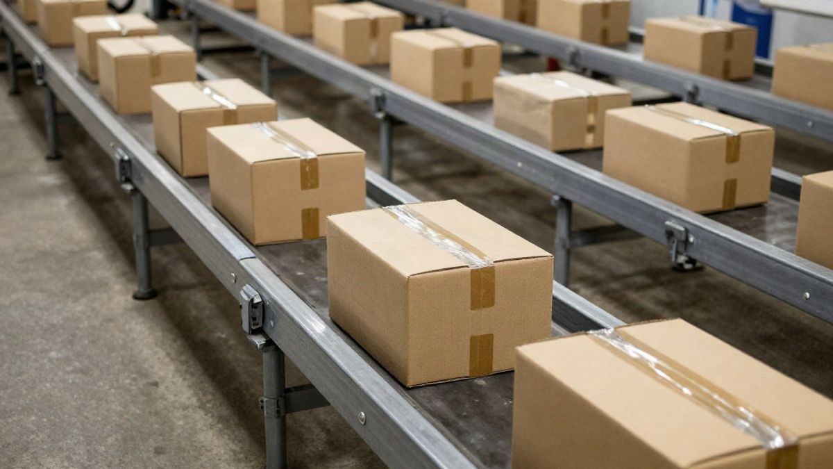 Imagen ilustrativa: vista cenital de paquetes y cajas en una cinta de reparto de un centro logístico