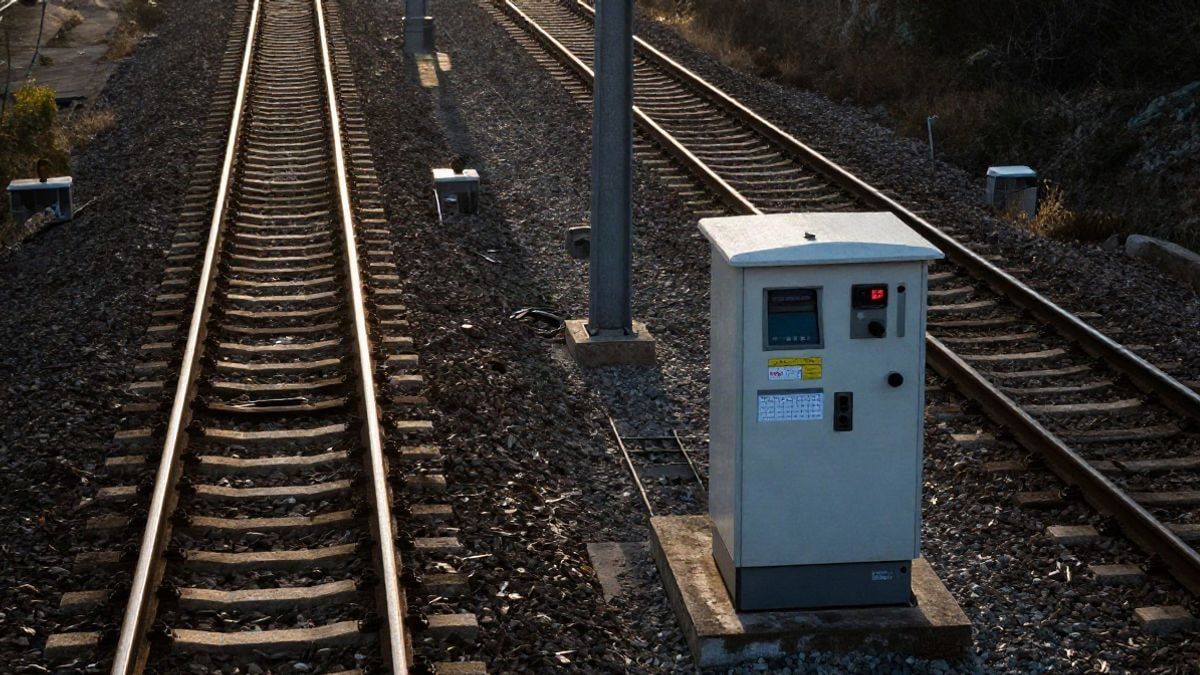 Illustrative image: aerial view of train tracks and a signalling cabinet next to the line at dawn