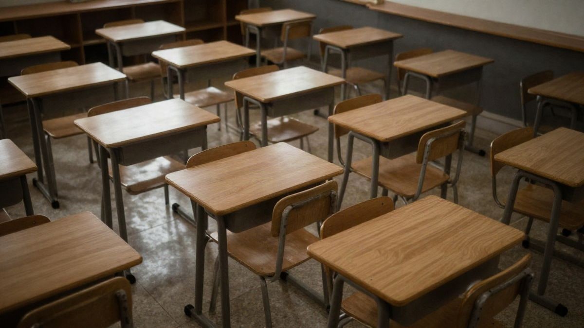 Imagen ilustrativa: aula vacía con pupitres y sillas, simbolizando la situación educativa en España