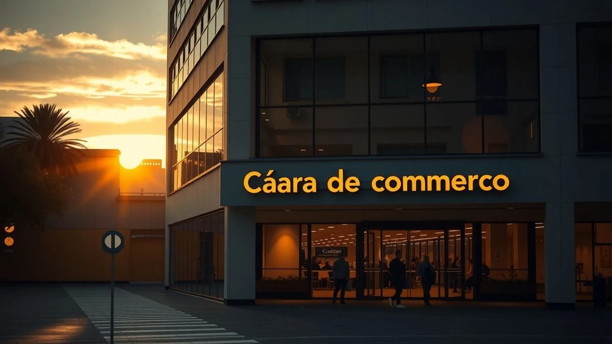 Imagen ilustrativa: fachada de un centro comercial al atardecer con un cartel de la Cámara de Comercio