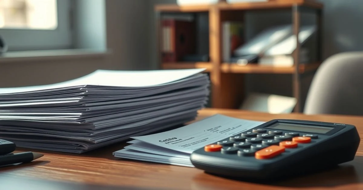 Calculadora y documentos fiscales sobre una mesa de madera con luz natural