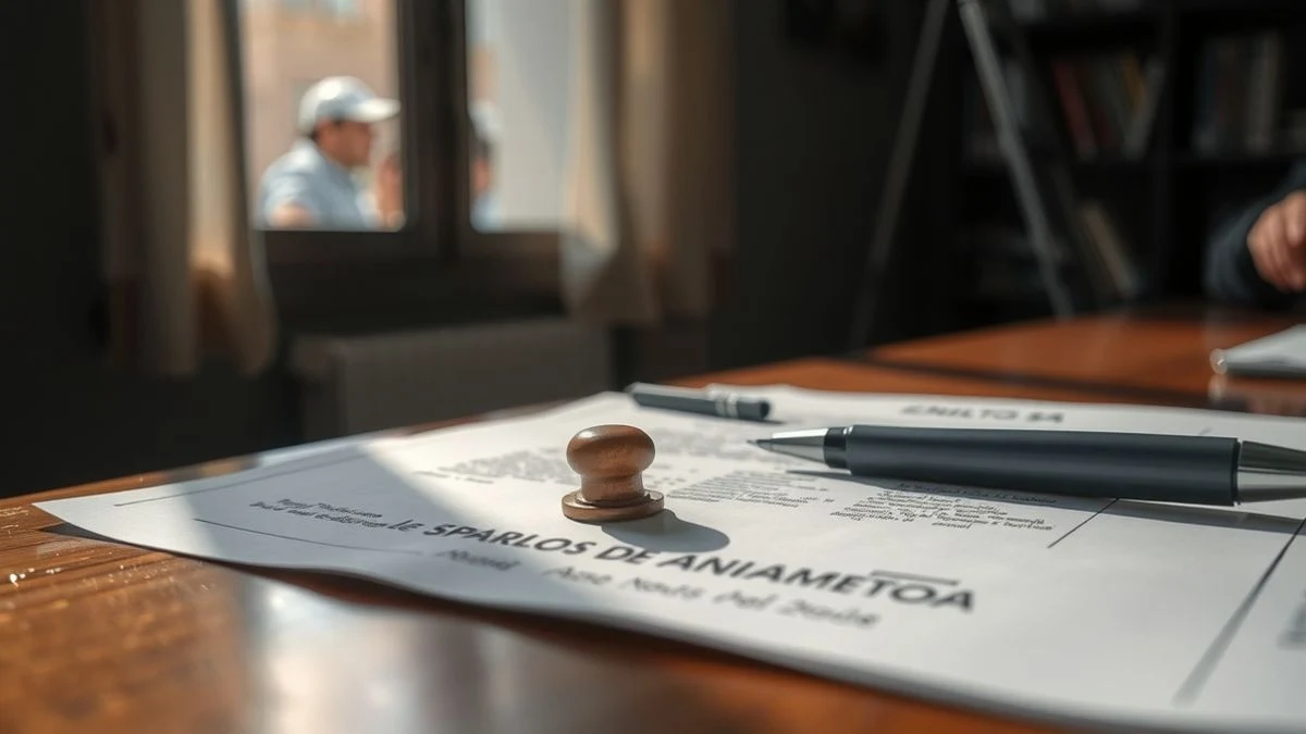 Documento oficial con sello y bolígrafo sobre una mesa de madera, iluminado por luz lateral de ventana