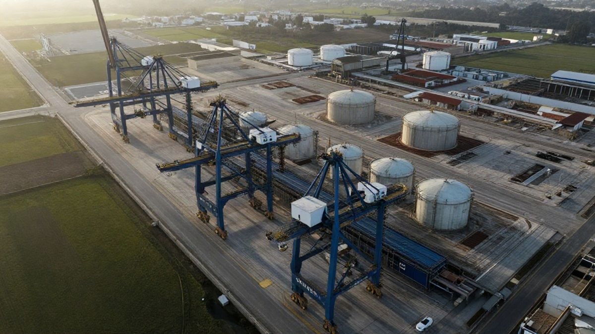Illustrative image: aerial view of an industrial port area with cranes and storage tanks