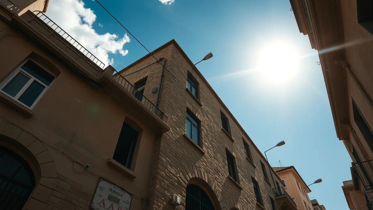 Fachada de un edificio antiguo en Damasco con un smartphone sobre una mesa de madera