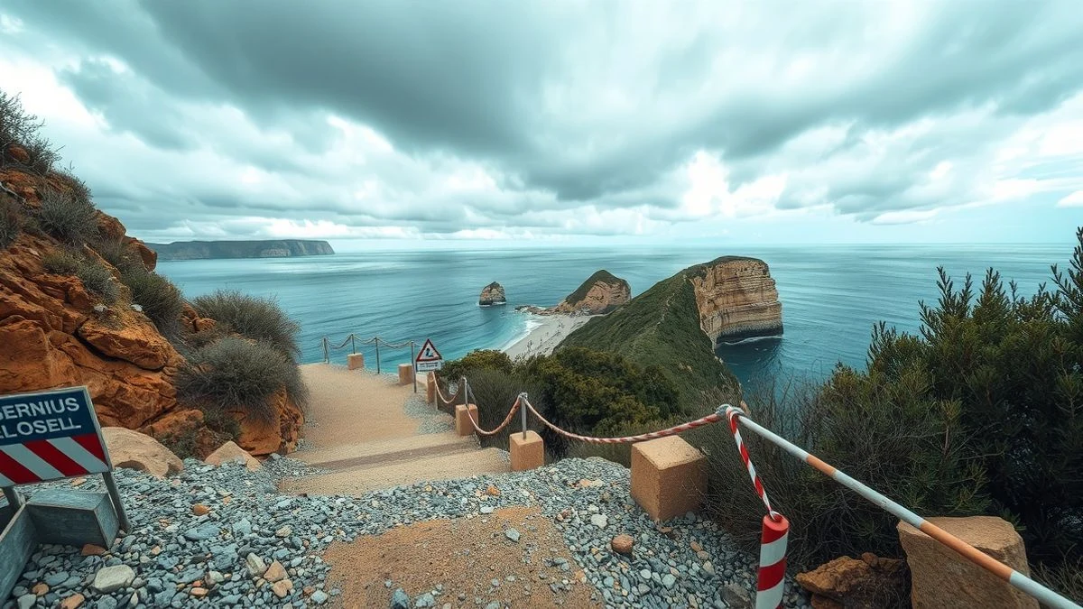 Imagen ilustrativa: un sendero rocoso con barrera de cierre y carteles de advertencia que desciende hacia una playa aislada, bajo un cielo nublado.