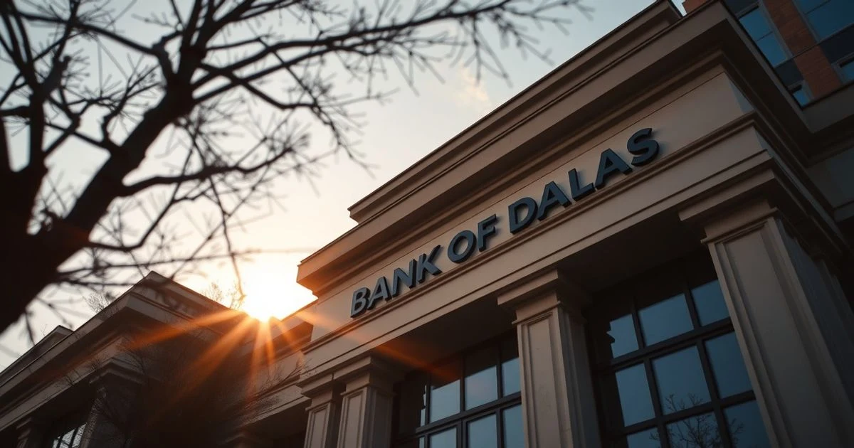 Fachada del edificio del Banco de la Reserva Federal de Dallas al atardecer