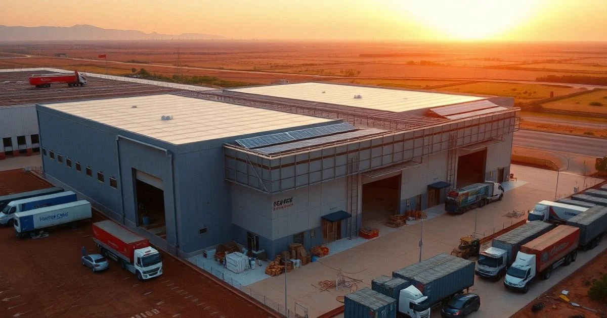 Vista aérea de una gran nave logística en construcción en el Puerto Seco de Antequera, con paneles solares y camiones aparcados
