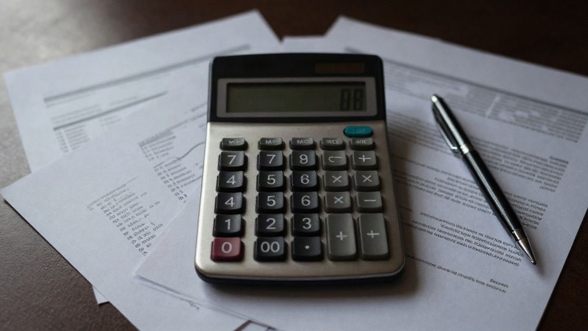 Illustrative image: overhead view of a desk with a calculator and financial documents