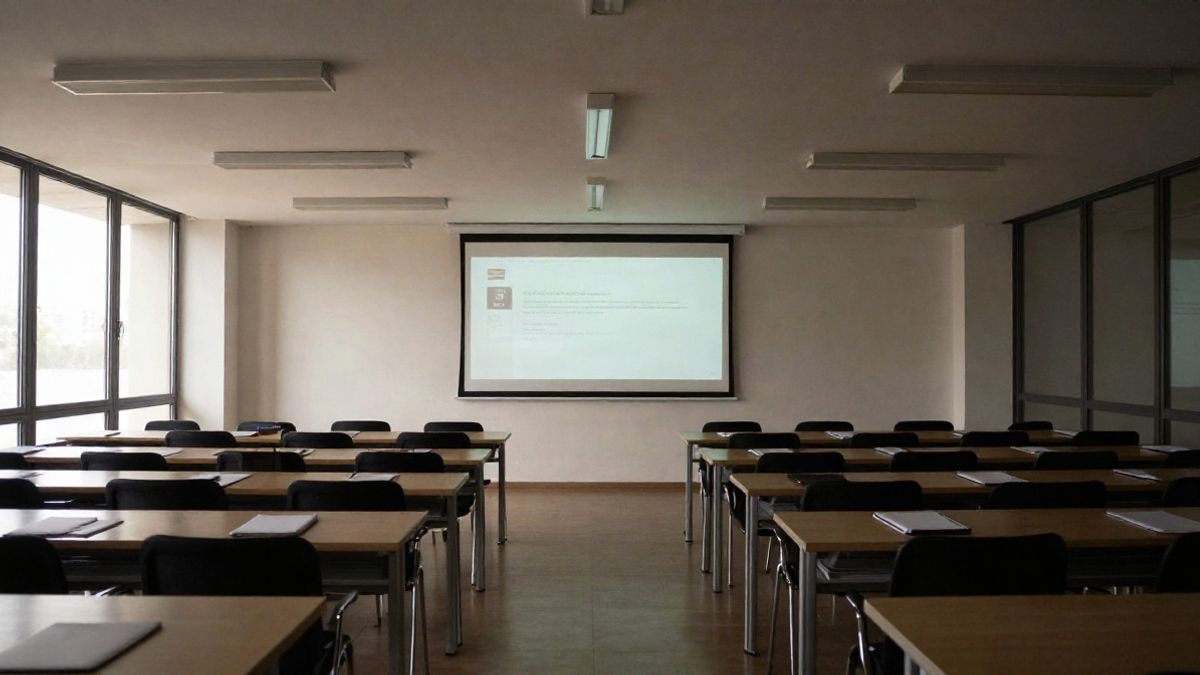 Illustrative image: modern training room with empty chairs and a projection screen in the background