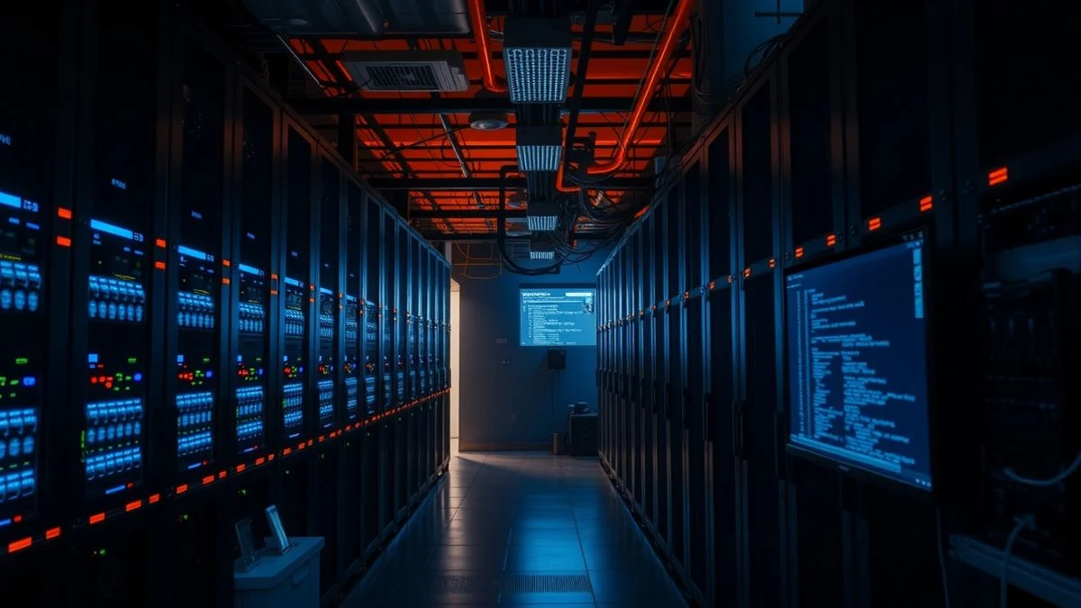 Imagen ilustrativa: sala de servidores con luces LED nocturnas, estanterías de servidores y un monitor con código