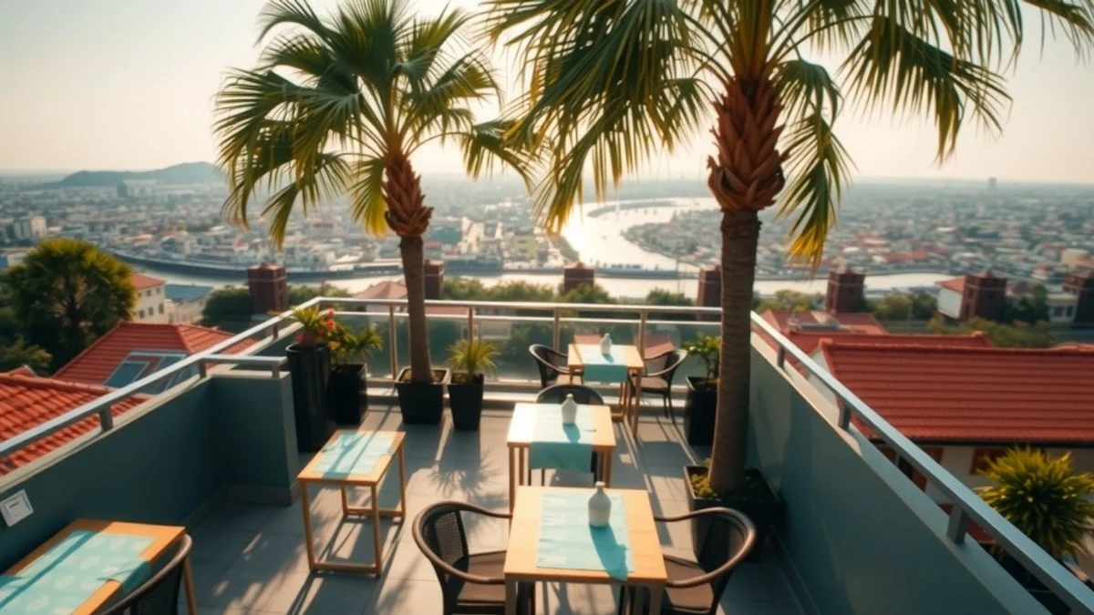 Vista cenital de una terraza de restaurante en Da Nang, Vietnam, con mesas y sillas, palmeras y ciudad al fondo