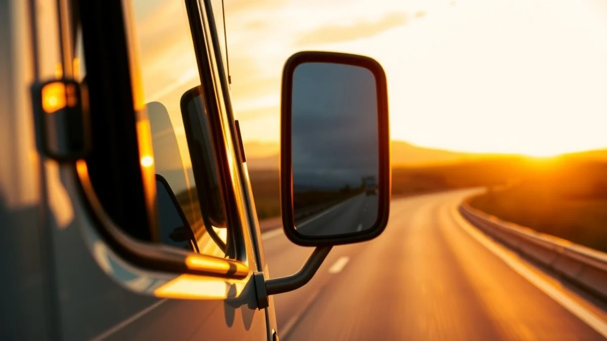 Imagen ilustrativa: un camión circulando por una autopista al atardecer, con el espejo lateral reflejando la carretera.