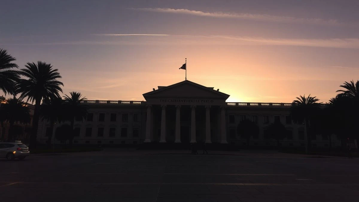Imagen ilustrativa: fachada de un edificio institucional genérico al atardecer, con contraluz y sombras largas, sin personas ni elementos identificables