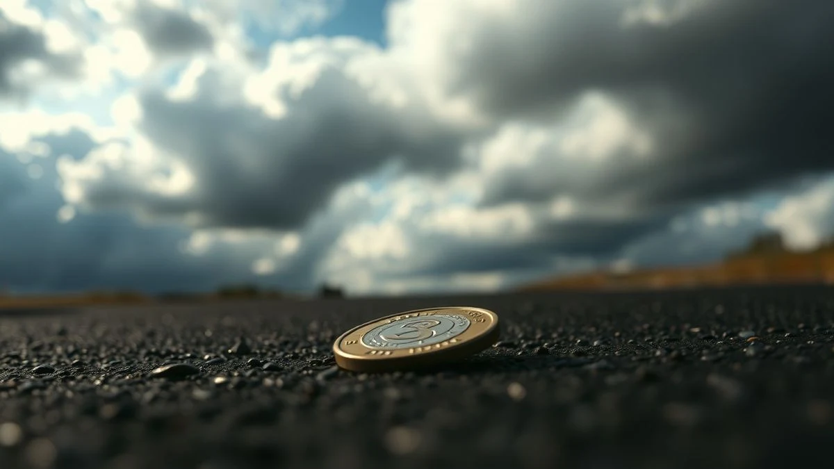 Moneda de Bitcoin sobre una superficie oscura con cielo nublado de fondo, ángulo bajo
