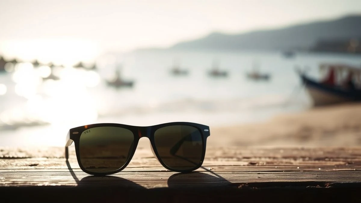 Imagen ilustrativa: gafas de sol sobre una mesa de madera con fondo de playa mediterránea al atardecer.