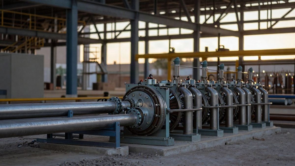 Illustrative image: industrial facilities for green hydrogen production under construction at sunset