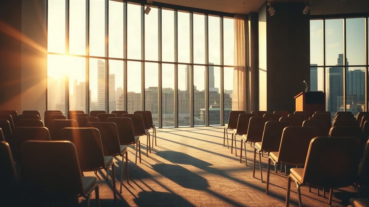 Illustrative image: conference room with empty chairs and a podium illuminated by sunset light