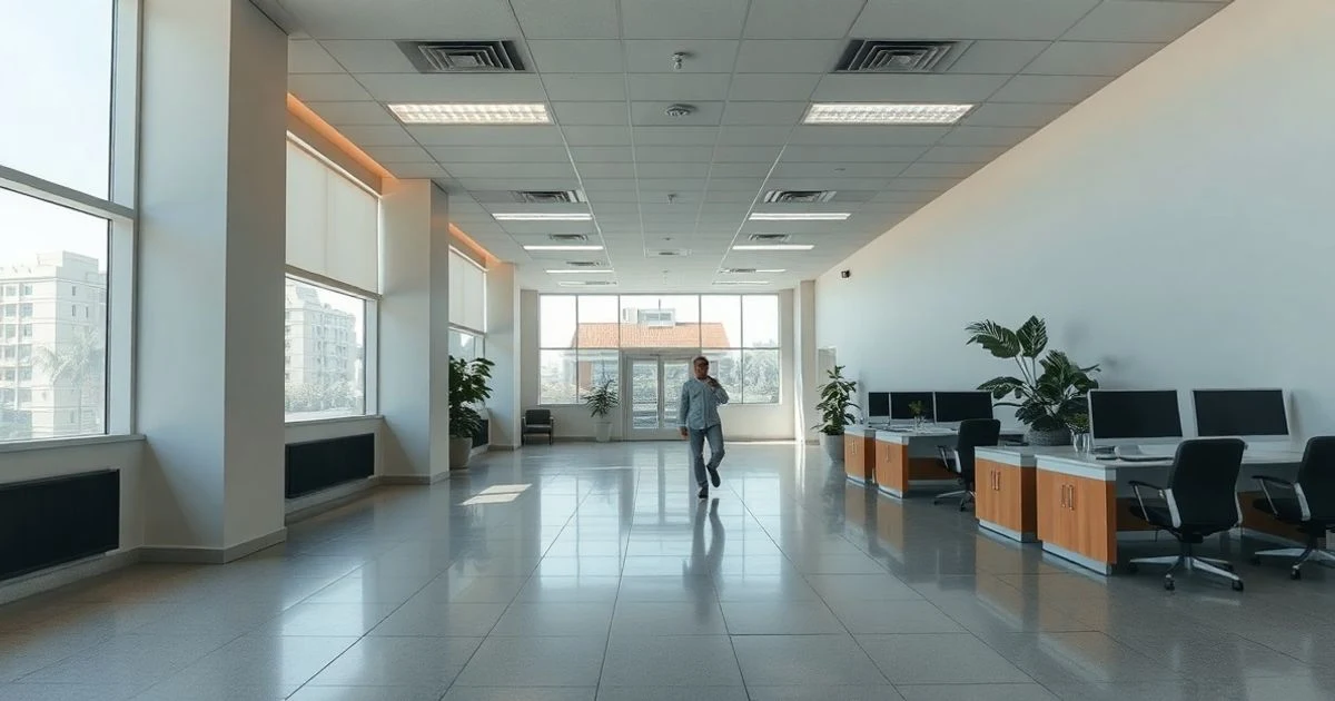 Interior vacío de un edificio de oficinas en San José, Costa Rica, con luz natural suave.