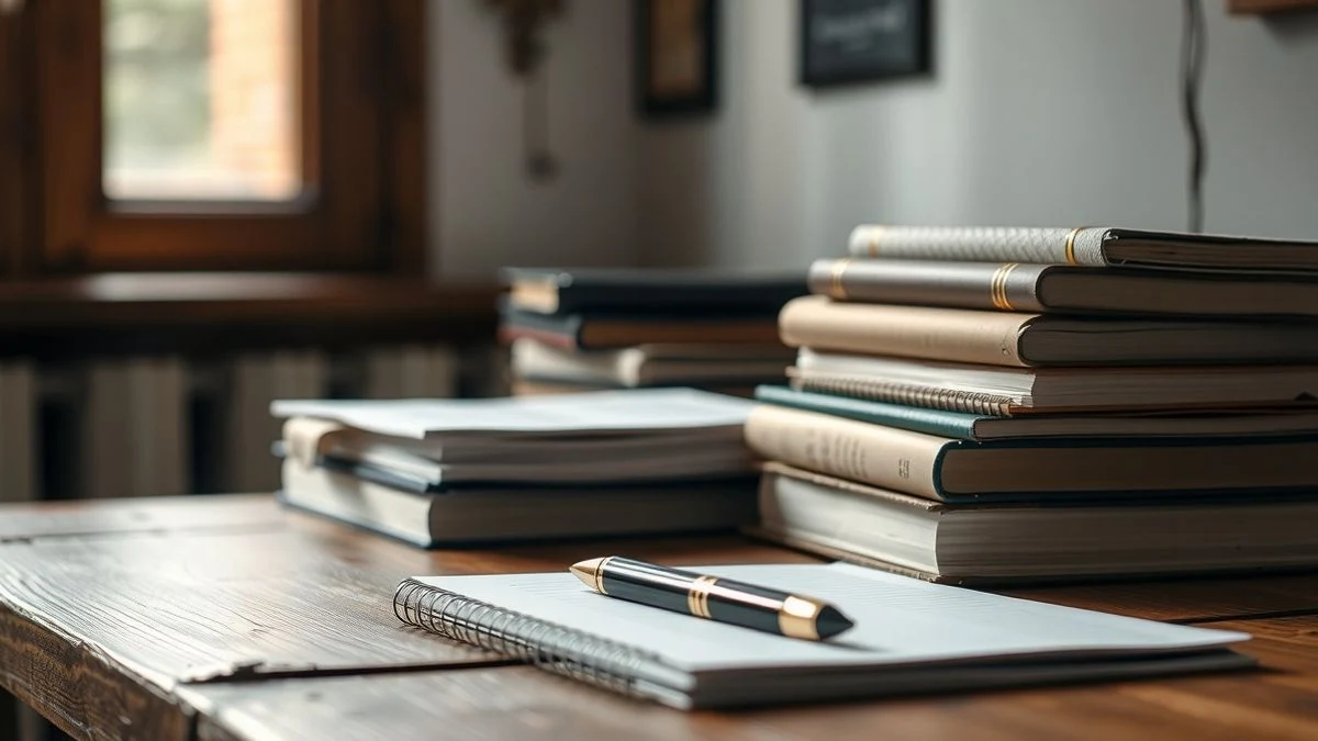 Escritorio de madera con libros, cuaderno y bolígrafo, luz natural suave