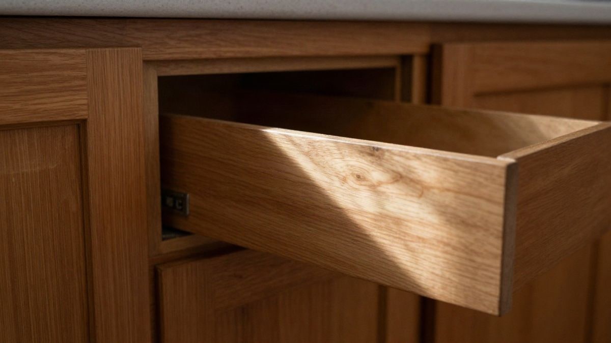 Illustrative image: detail of a kitchen cabinet with a hidden compartment, soft natural light illuminating the scene.